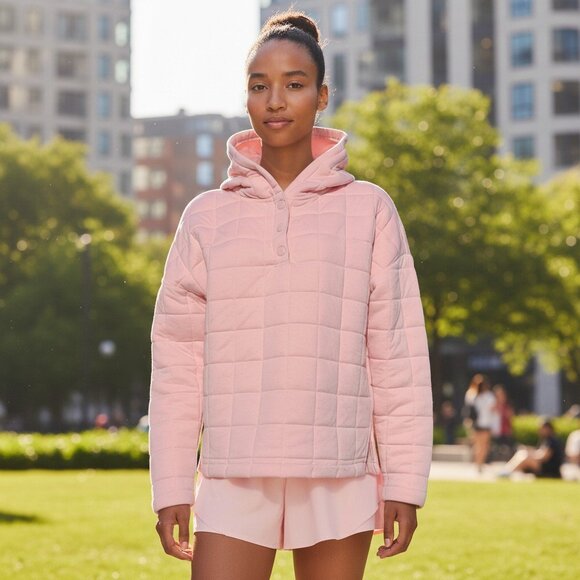 GAP FIT Pink Quilted Puffer Hoodie Jacket XS Oversized Sweatshirt Pullover - Picture 1 of 15